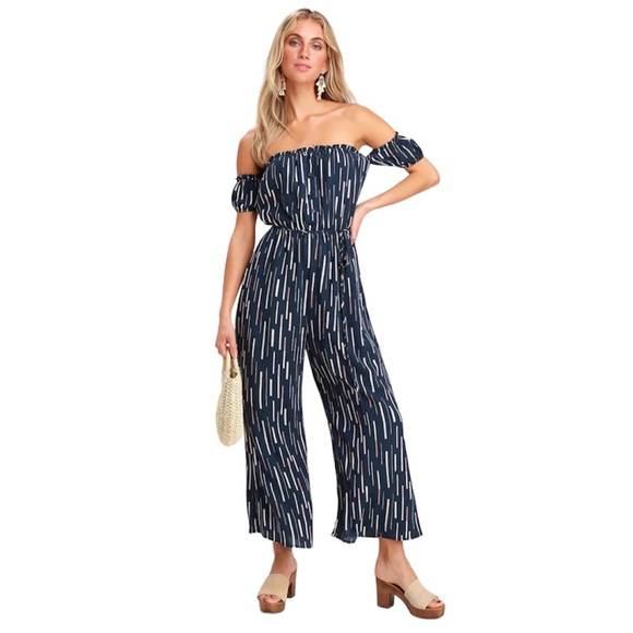 Lulus Pants - NWT Lulus Navy Blue Geometric Print Off Shoulder Cropped Jumpsuit M